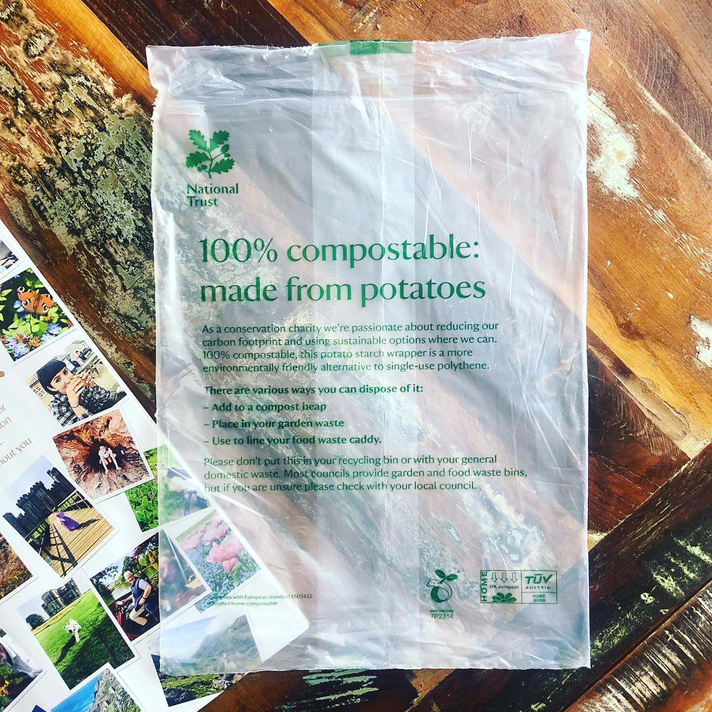 @nationaltrust letting their #brandvalues shine through everything - even the envelope wrapping for their newsletter. Instead of the usual plastic, it’s made from potato starch and is 100% compostable (along with suggestions for recycling uses). The address is digitally printed on the back of the magazine saving the usual additional paper address slip. #creative #design
